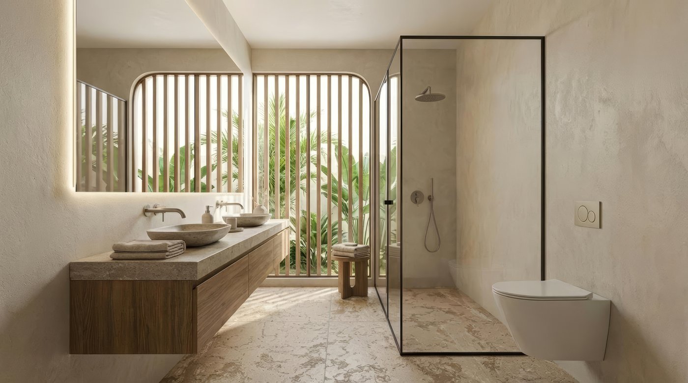 The Four — spa-style bathroom with rain shower and travertine-look flooring