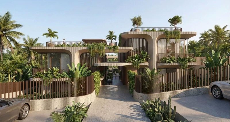 The Four — entrance and exterior facade at dusk, Cas Grandi, Curaçao