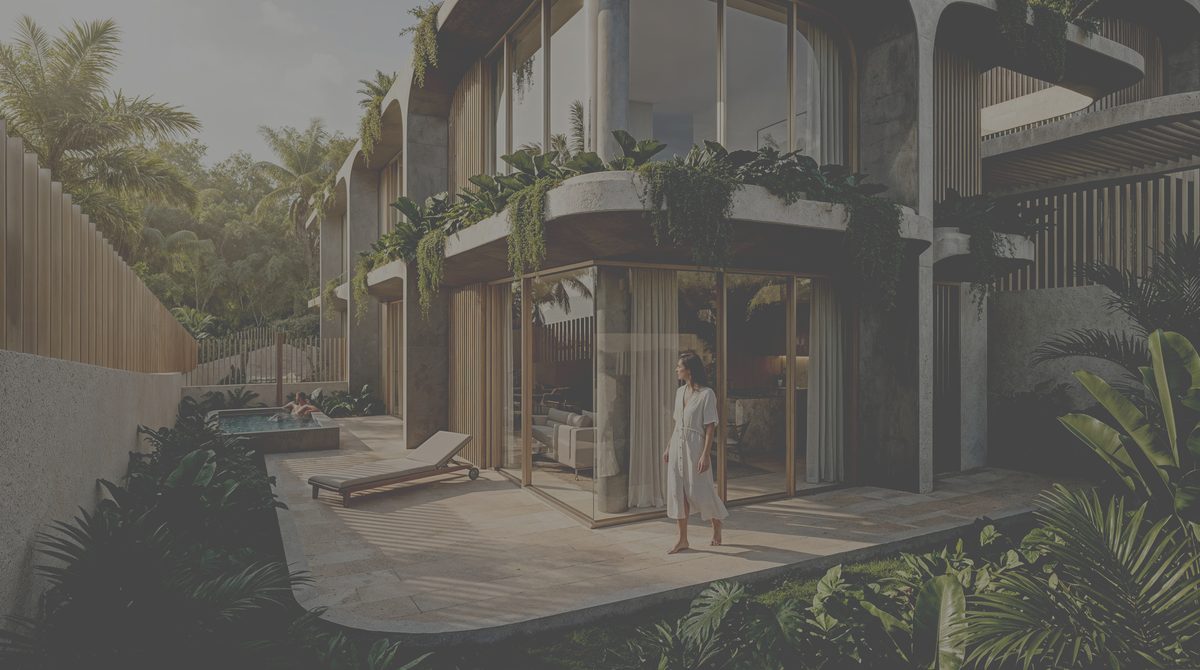 The Four — a resident on the patio beside the private plunge pool, evening light through the architecture