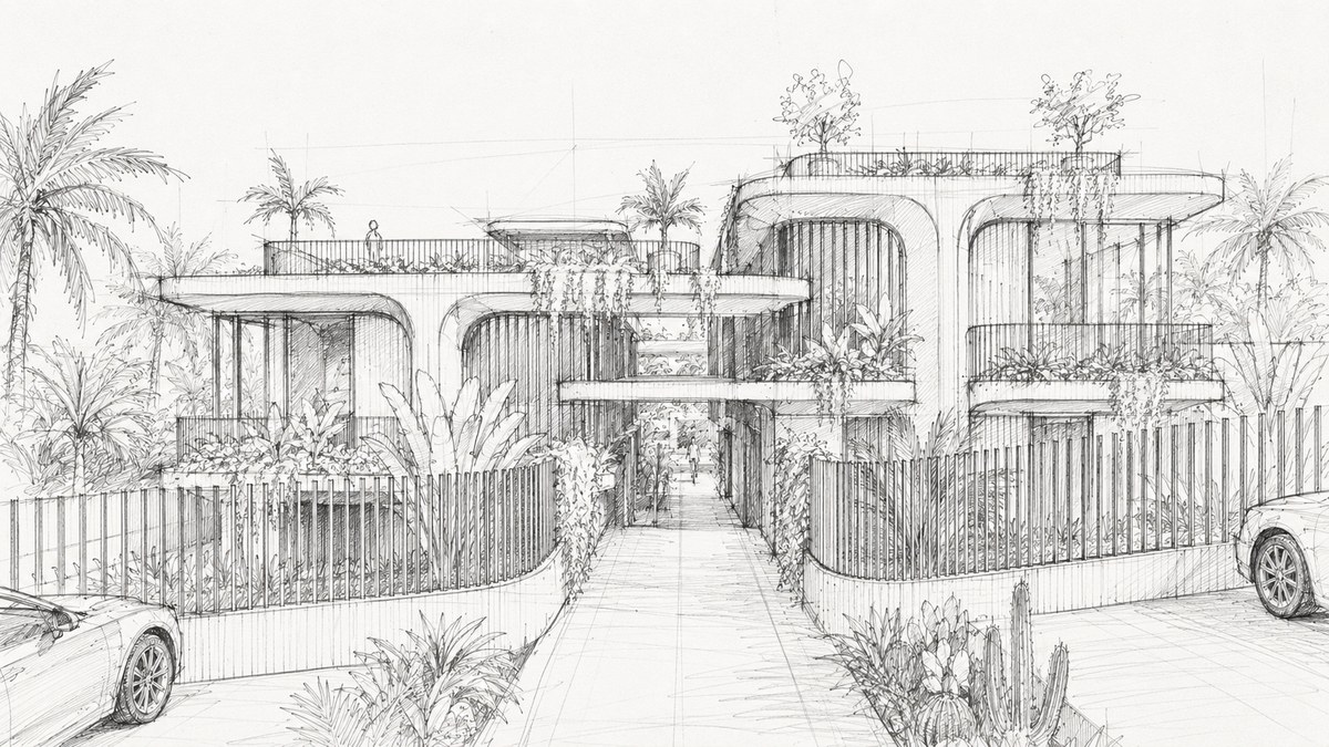 An architectural sketch of a building elevation — representing a development taking shape